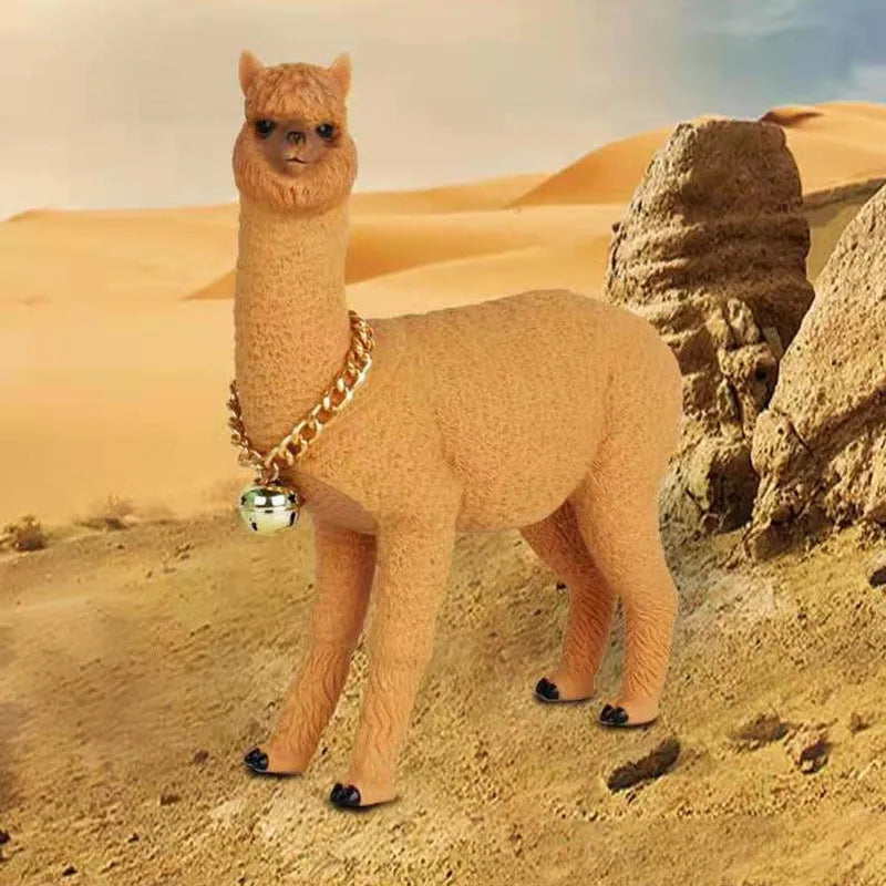 Portable Bluetooth speaker shaped like a brown alpaca with wood base, FM radio, and lanyard