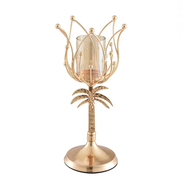 Iron candle holder in gold, size L, on dining table for candle light dinner