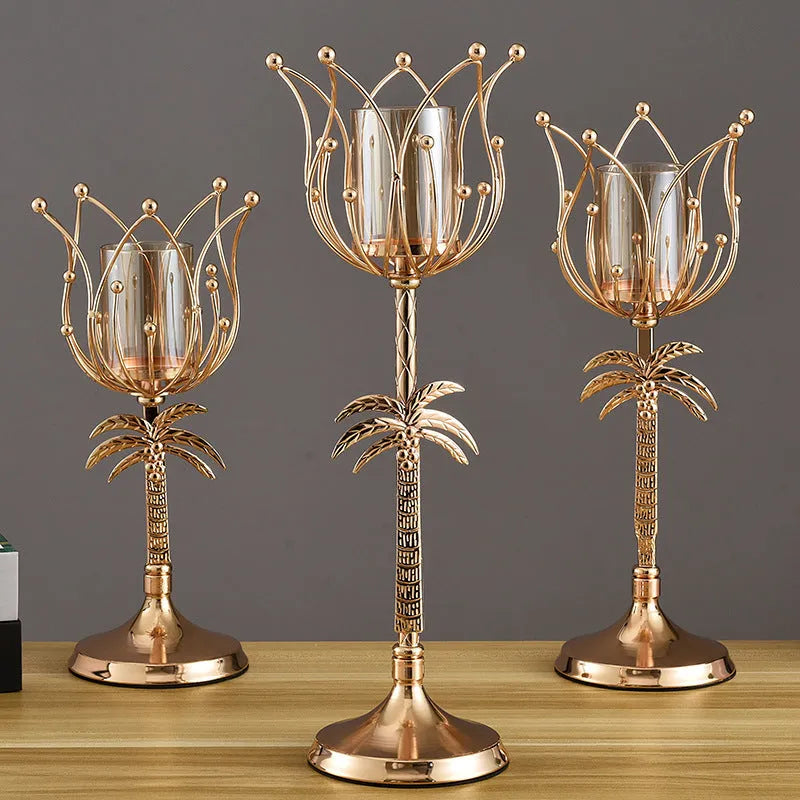 Iron candle holder in gold, size L, on dining table for candle light dinner