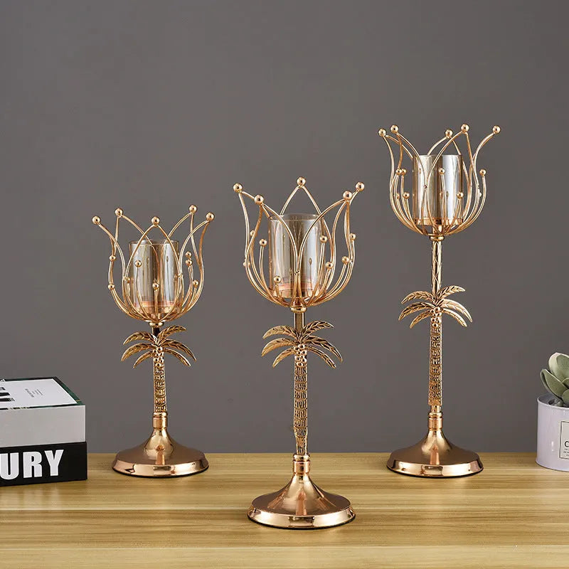 Iron candle holder in gold, size L, on dining table for candle light dinner