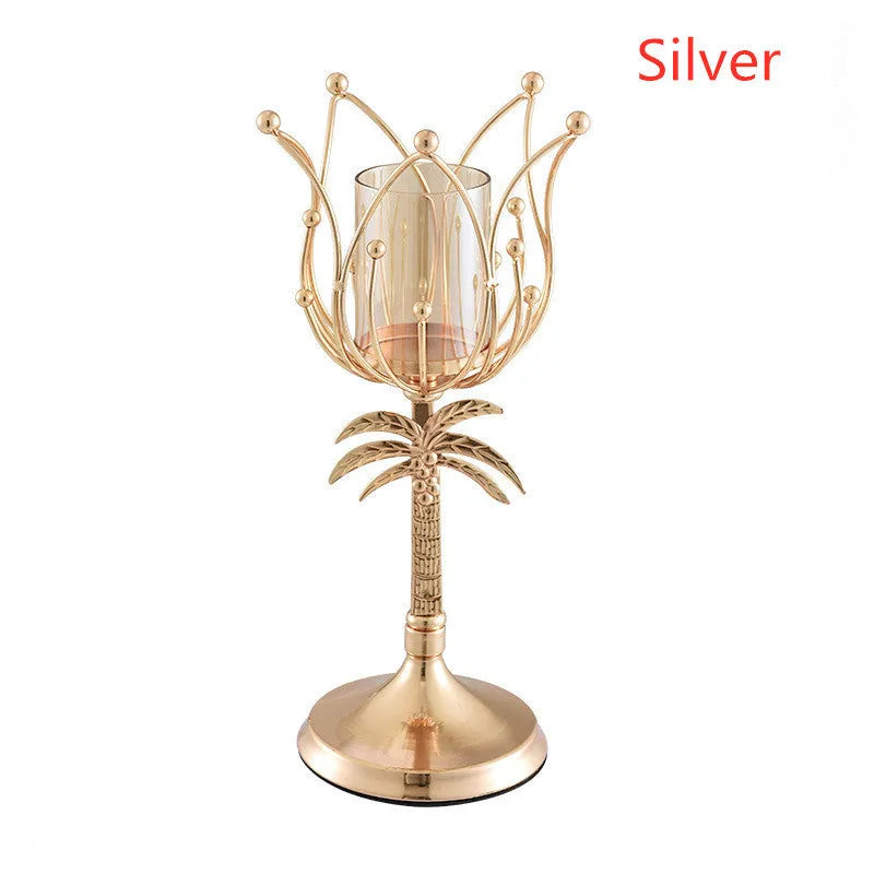 Iron candle holder in gold, size L, on dining table for candle light dinner