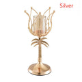 Iron candle holder in gold, size L, on dining table for candle light dinner