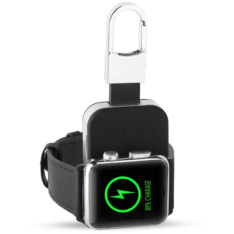 Black portable Apple Watch wireless charger with keychain loop and built-in battery