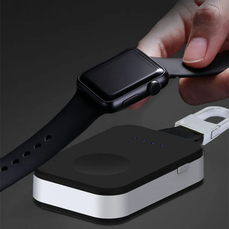 Black portable Apple Watch wireless charger with keychain loop and built-in battery