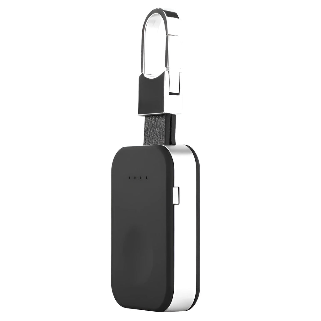 Black portable Apple Watch wireless charger with keychain loop and built-in battery