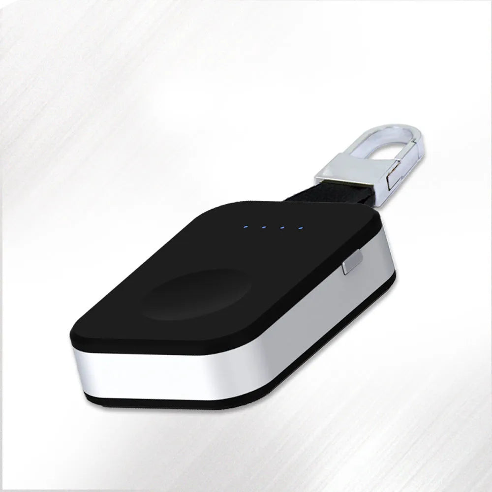 Black portable Apple Watch wireless charger with keychain loop and built-in battery