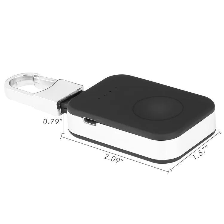 Black portable Apple Watch wireless charger with keychain loop and built-in battery