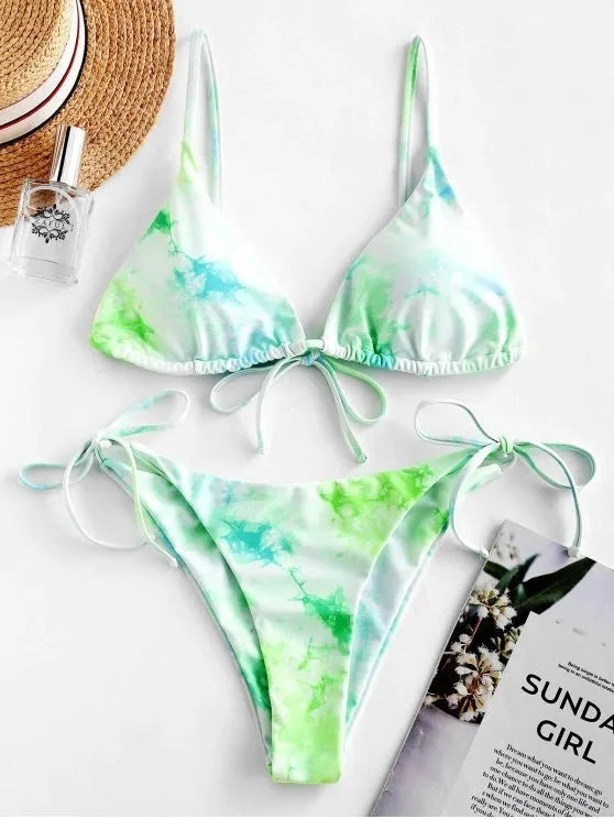 Sexy halter tie dye bikini set in pink with built-in chest pad and backless design