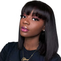 Black 10-inch real human hair wig with headgear on display stand