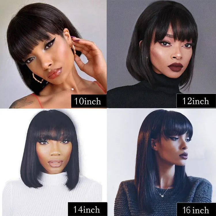 Black 10-inch real human hair wig with headgear on display stand