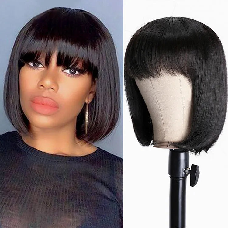 Black 10-inch real human hair wig with headgear on display stand