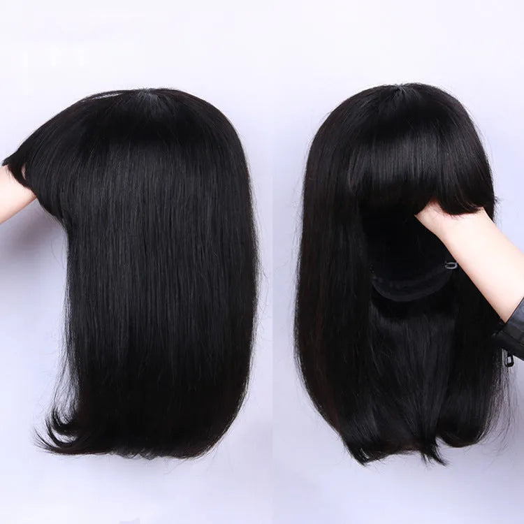 Black 10-inch real human hair wig with headgear on display stand