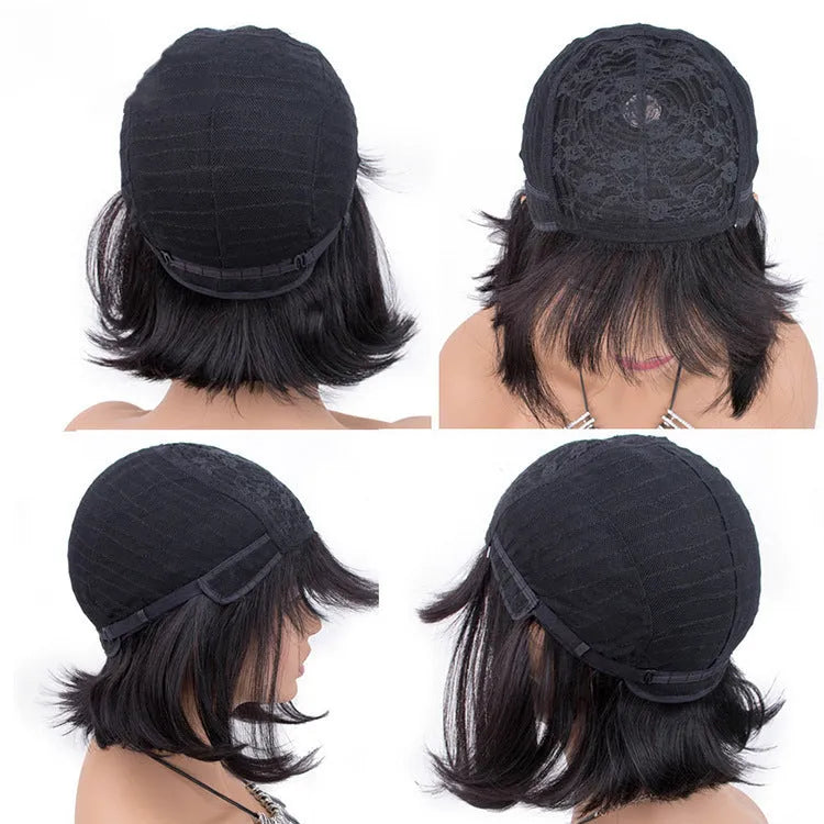 Black 10-inch real human hair wig with headgear on display stand