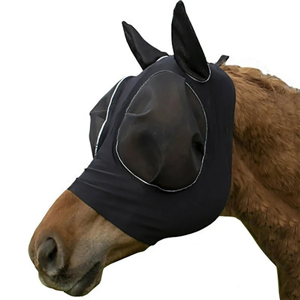 Horse wearing black latex mosquito net cover, universal size 21x31cm