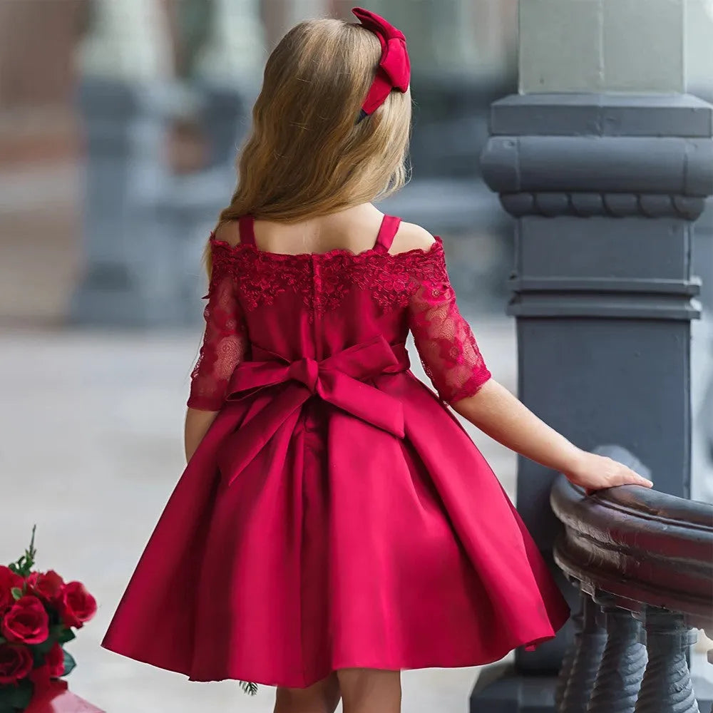 Simple girls dress with lace detailing in red, pink, white, or green for toddlers and children.