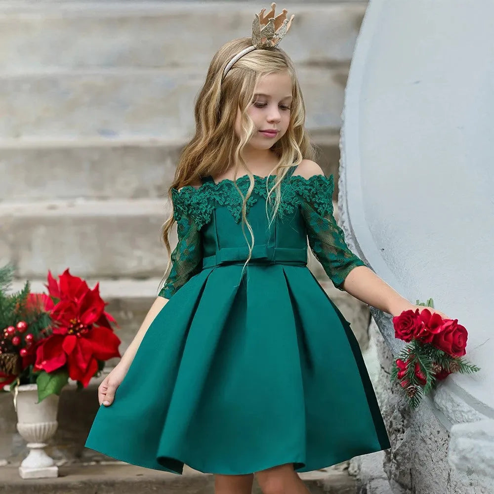 Simple girls dress with lace detailing in red, pink, white, or green for toddlers and children.