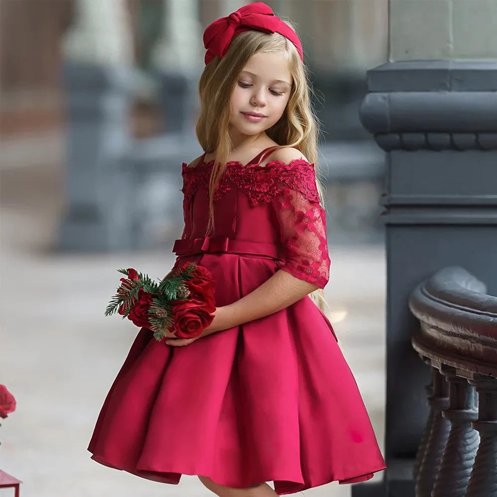 Simple girls dress with lace detailing in red, pink, white, or green for toddlers and children.