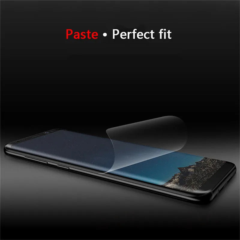 Purple light coloured hydrogel screen protector for curved-edge Samsung Galaxy phones on a table.