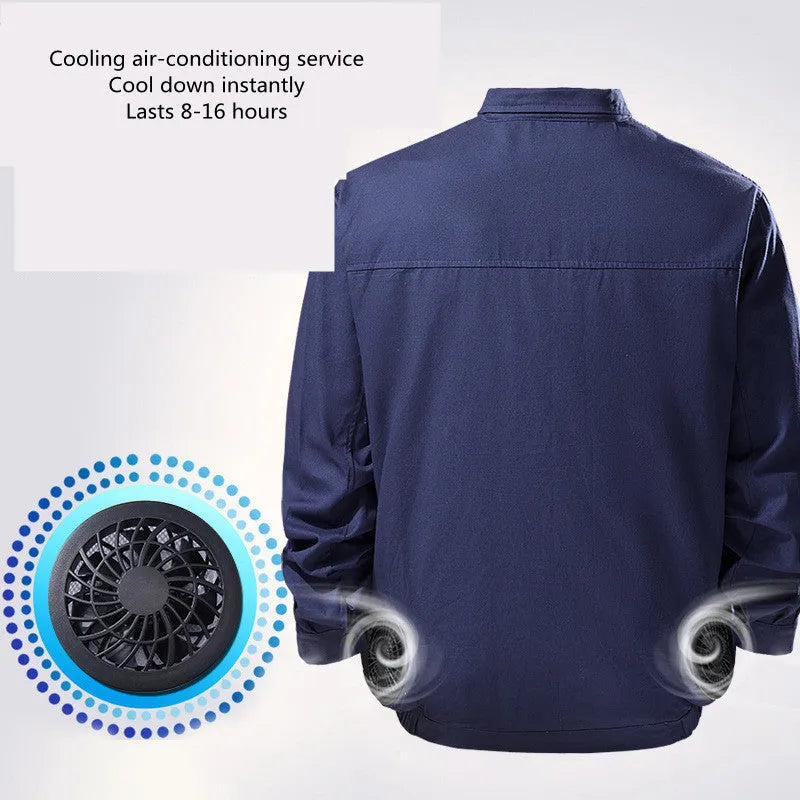 Fan cooling overalls in camouflage green with integrated fan system for air circulation