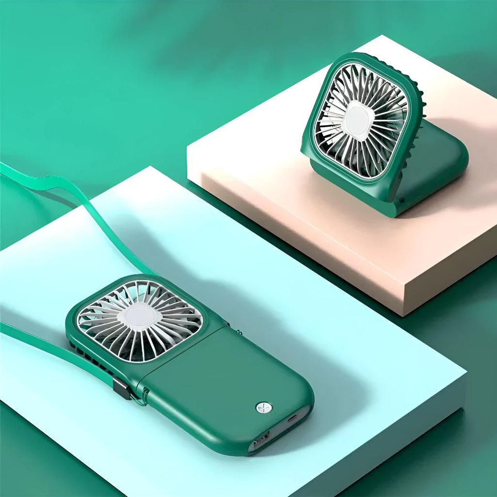 Hands-free wearable neck fan with dual cooling fans, shown in black, worn around a person's neck.