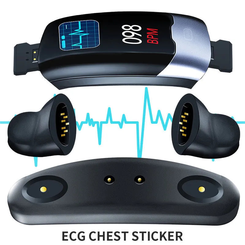 Black Bluetooth smart bracelet with digital display showing heart rate, worn on a wrist.