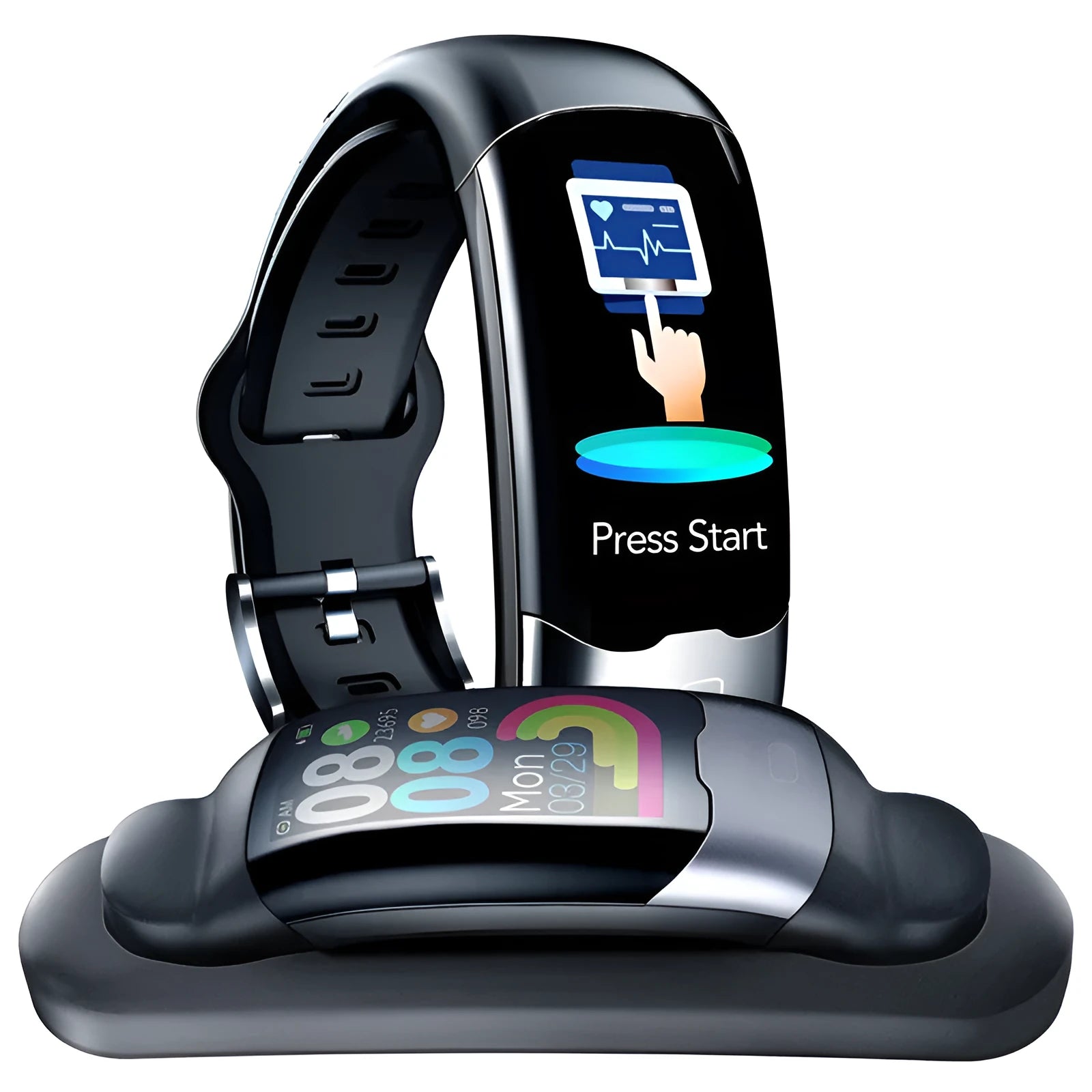 Black Bluetooth smart bracelet with digital display showing heart rate, worn on a wrist.