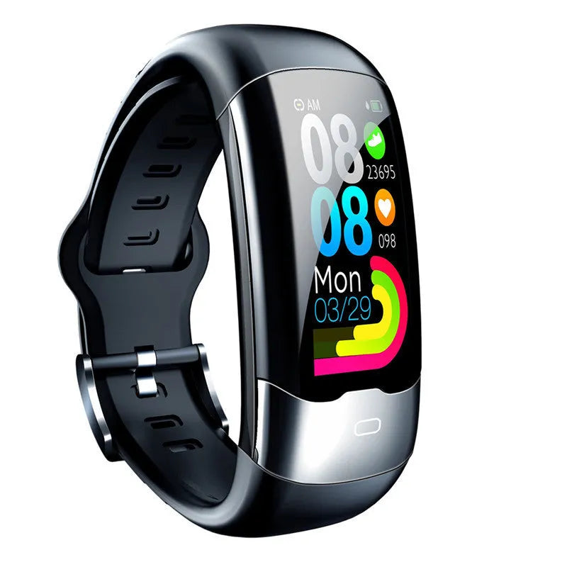Black Bluetooth smart bracelet with digital display showing heart rate, worn on a wrist.