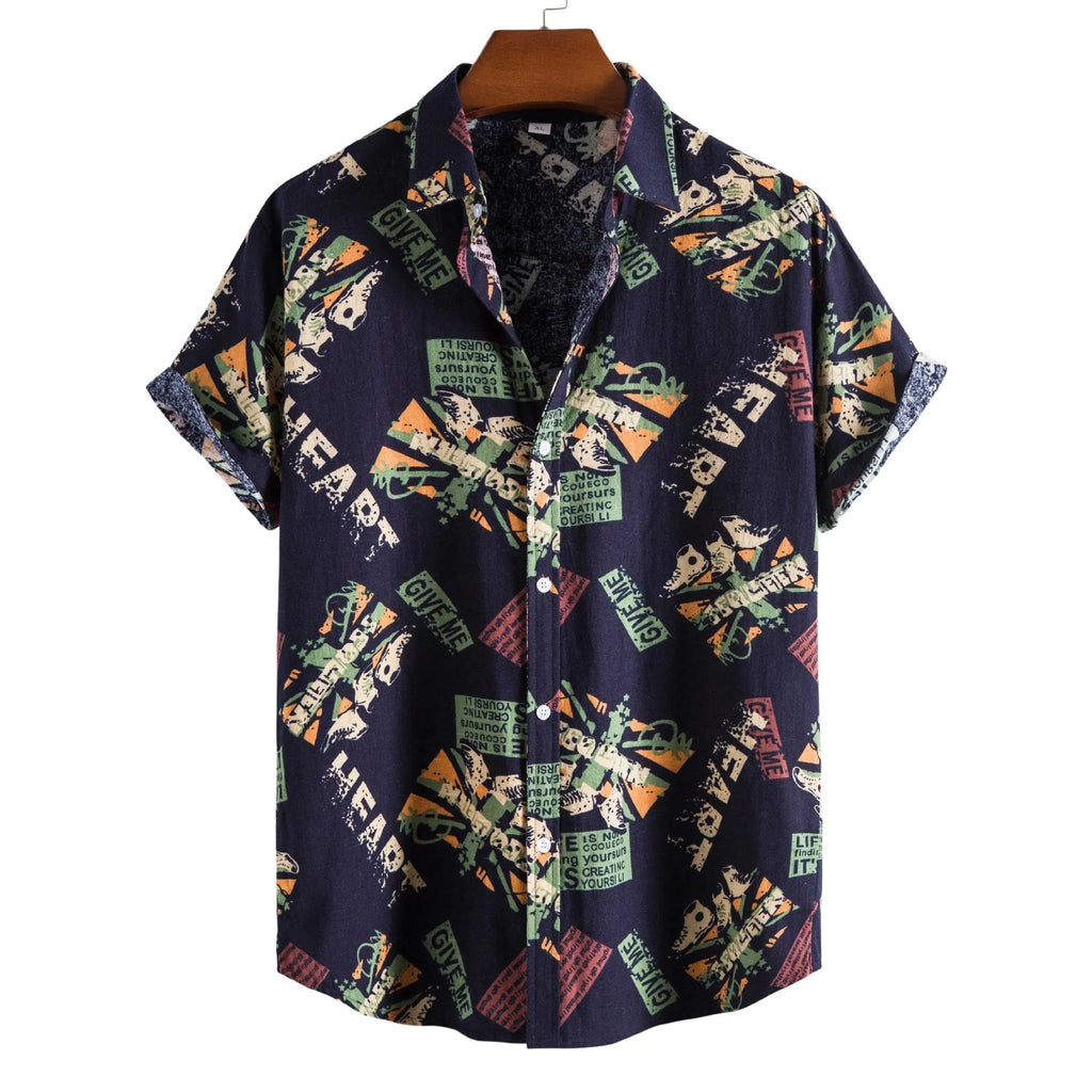 Men casual short sleeve vintage letter print turn-down collar shirt in Navy Blue