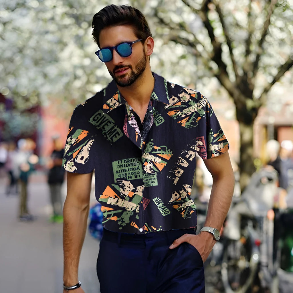 Men casual short sleeve vintage letter print turn-down collar shirt in Navy Blue