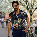 Men casual short sleeve vintage letter print turn-down collar shirt in Navy Blue