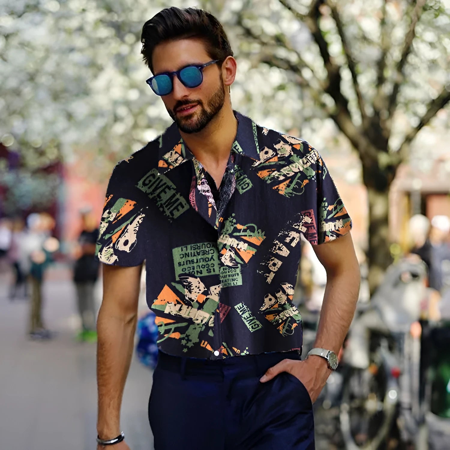 Men casual short sleeve vintage letter print turn-down collar shirt in Navy Blue