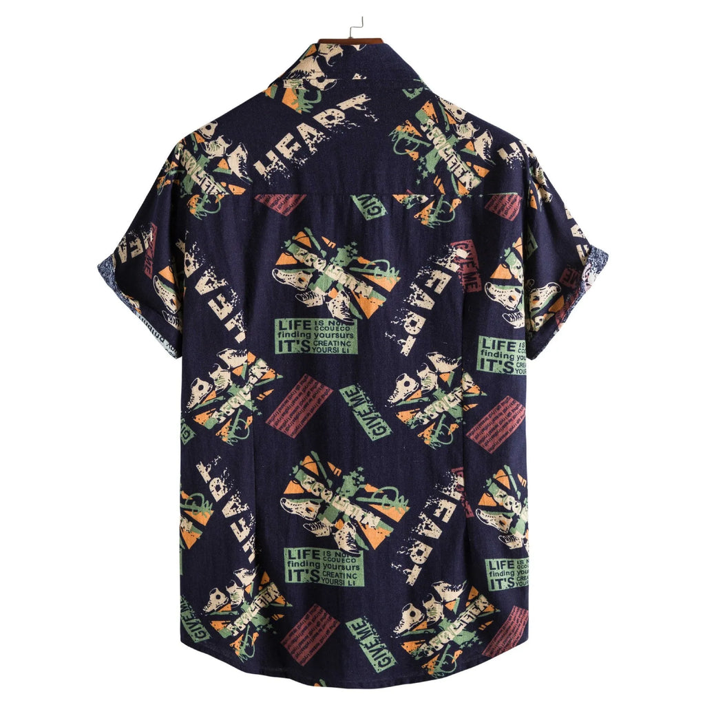 Men casual short sleeve vintage letter print turn-down collar shirt in Navy Blue