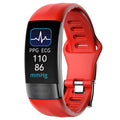 Smart health monitoring bracelet with ECG tracking on wrist showing vital signs display