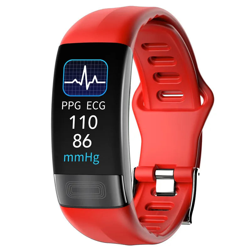 Smart health monitoring bracelet with ECG tracking on wrist showing vital signs display