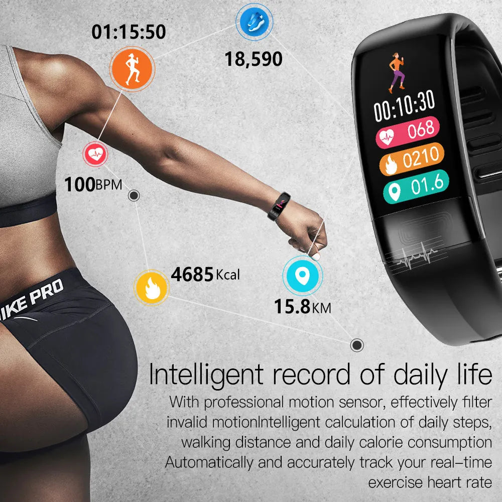 Smart health monitoring bracelet with ECG tracking on wrist showing vital signs display