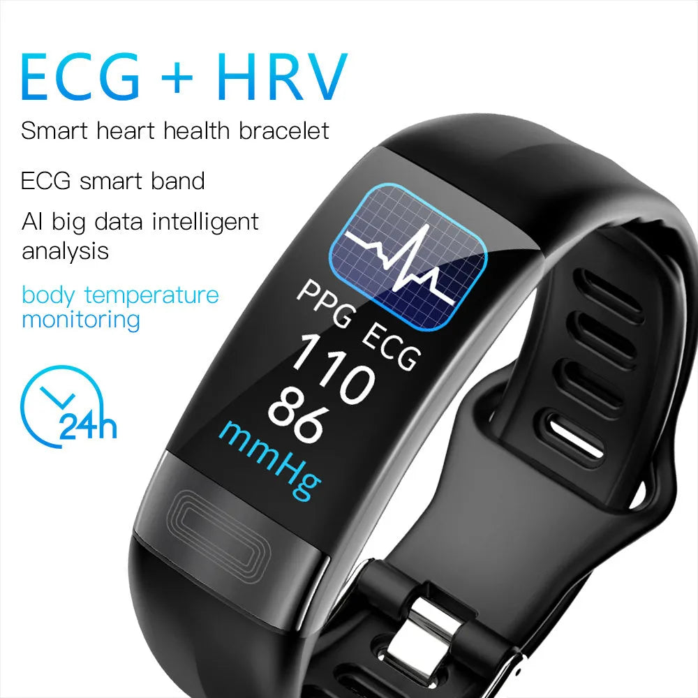 Smart health monitoring bracelet with ECG tracking on wrist showing vital signs display