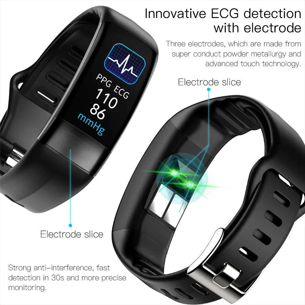 Smart health monitoring bracelet with ECG tracking on wrist showing vital signs display