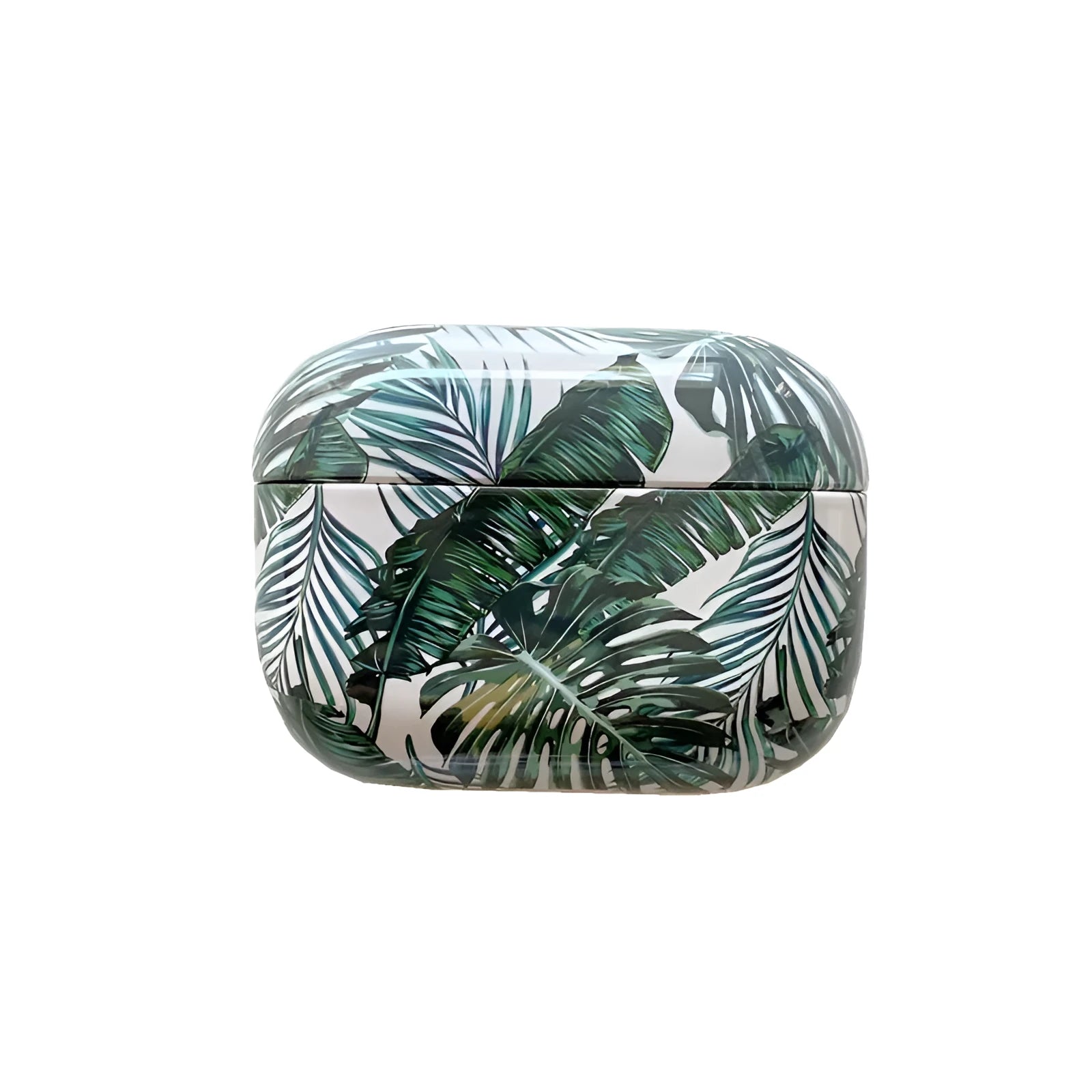 Blue TPU AirPods case with a painted tropical banana leaf design.
