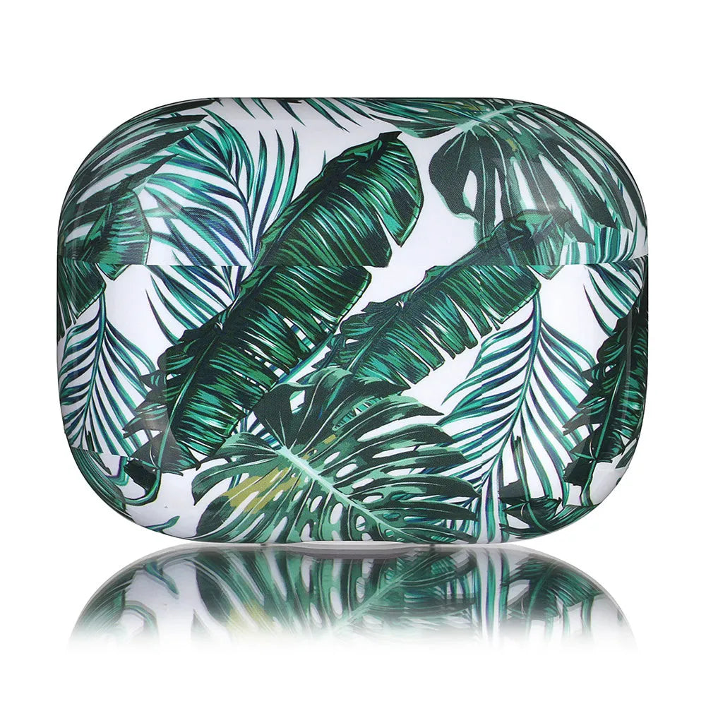 Blue TPU AirPods case with a painted tropical banana leaf design.
