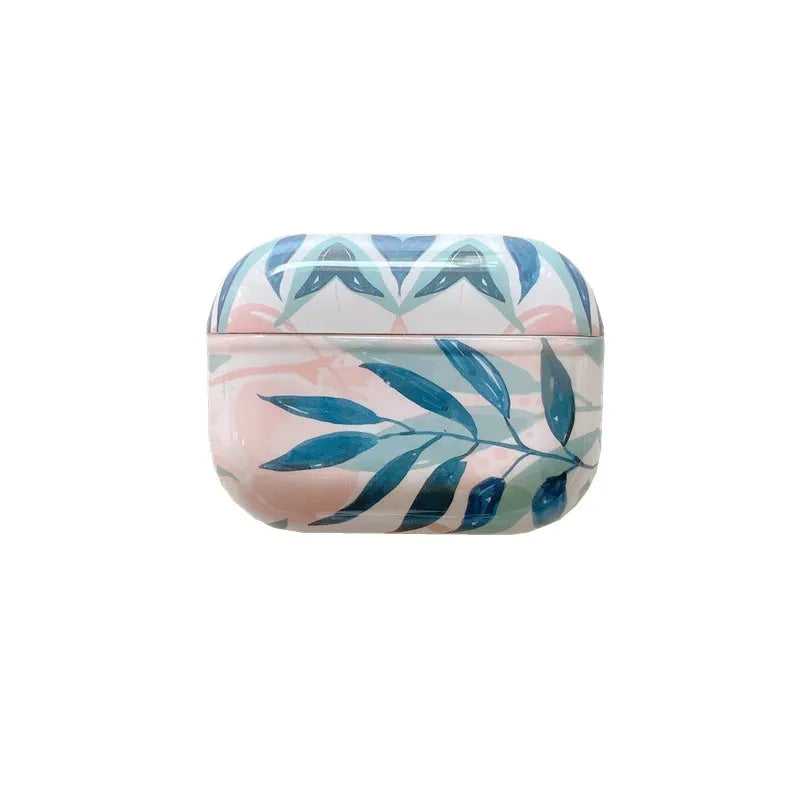 Blue TPU AirPods case with a painted tropical banana leaf design.