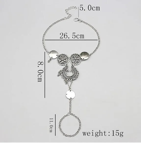 Antique silver hollow flower chain anklet for women, 24cm teardrop style barefoot sandals