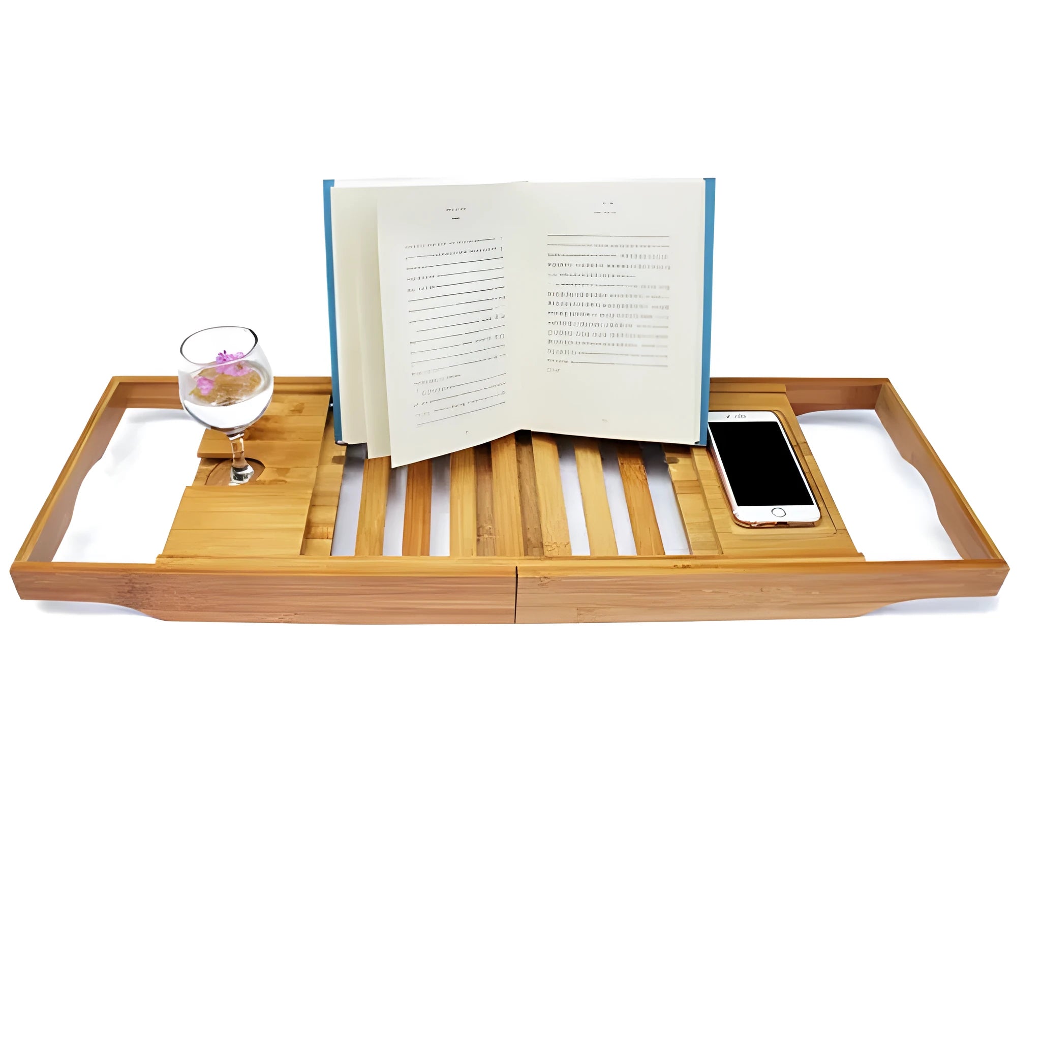 Natural bamboo bathtub caddy frame for organising shampoo and soap on a bathroom desktop.