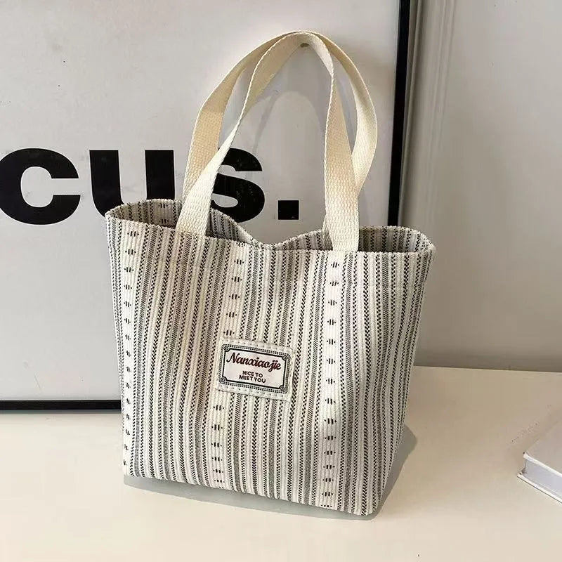 Japanese style large capacity corduroy handbag in ivory white, grey, or dark brown.