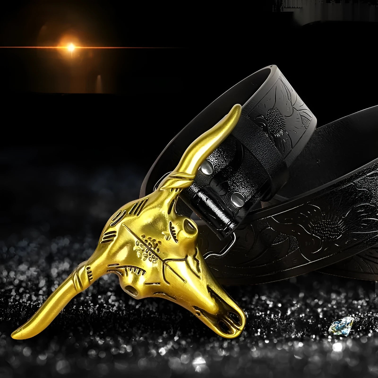 Men's brown imitation leather belt with detailed cow head alloy buckle showing electroplating and carving treatments
