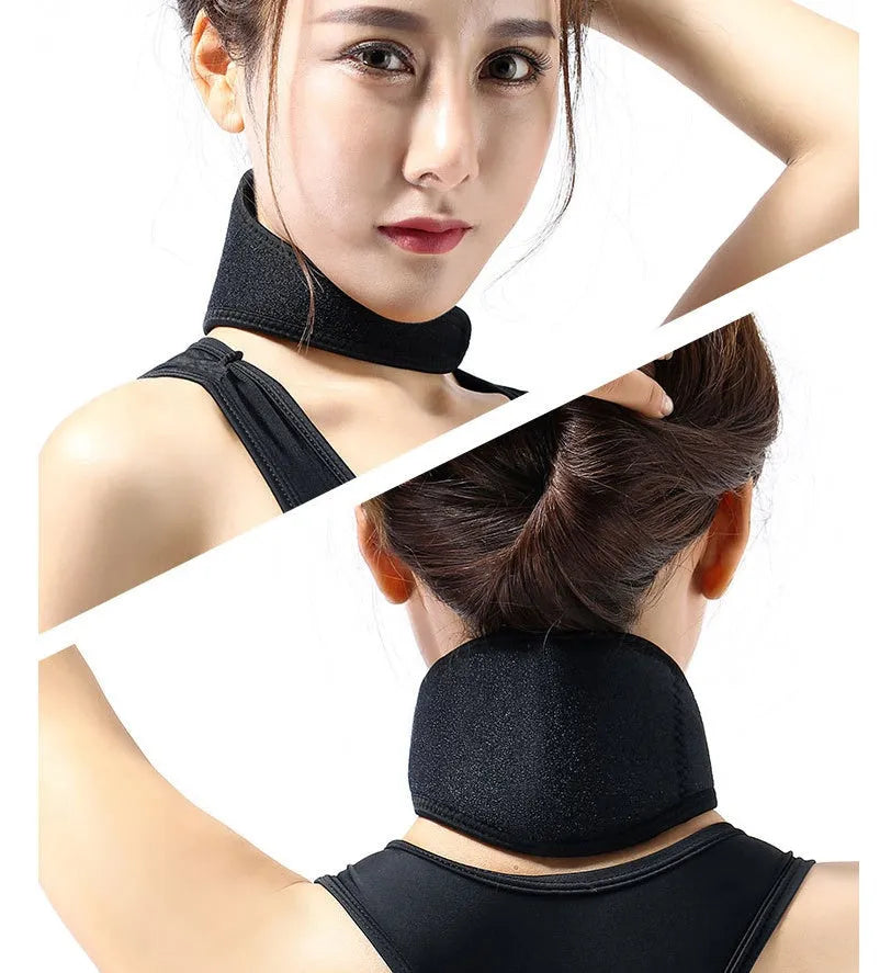 Black self-heating magnetic therapy neck guard with adjustable strap laid flat.