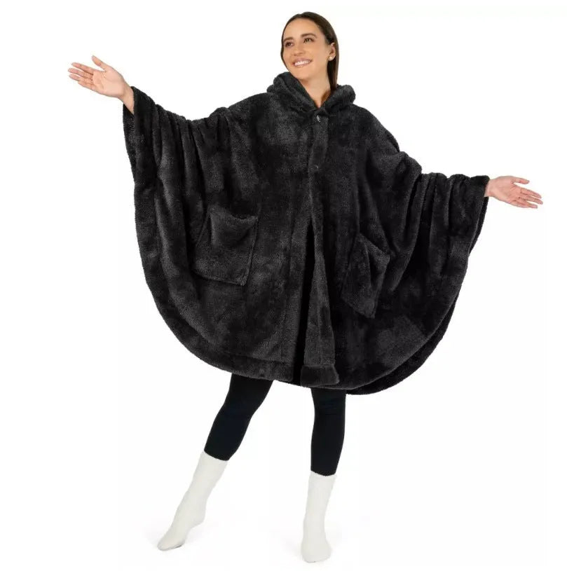 A thick hooded polyester bathrobe in a cardigan style with long sleeves, shown in a solid colour.
