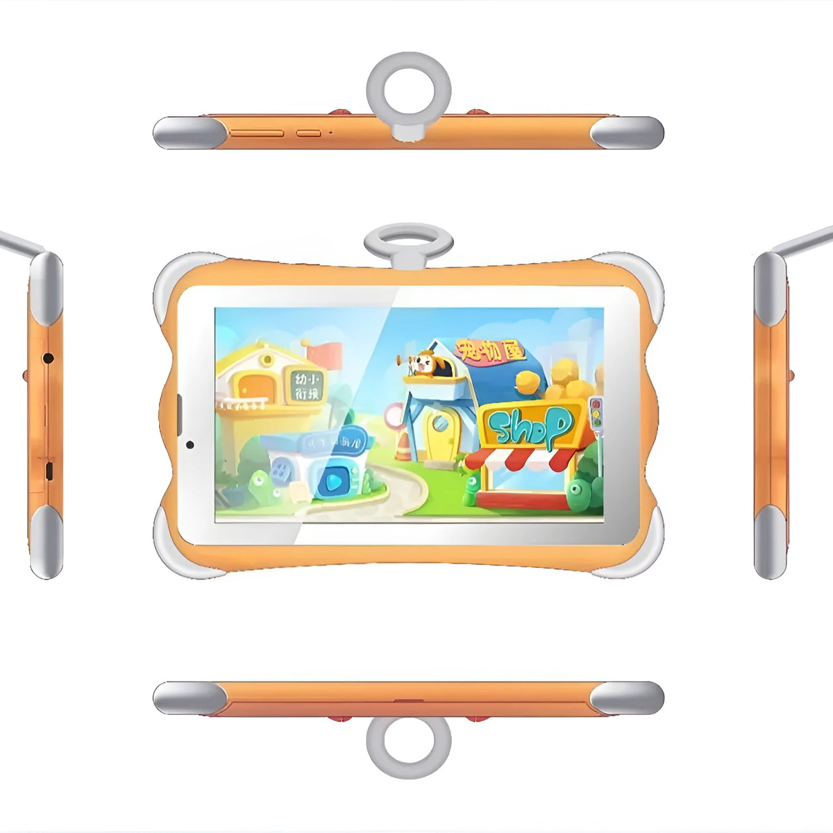 7-inch children's learning tablet in cartoon colours with integrated stand showing on-screen educational content
