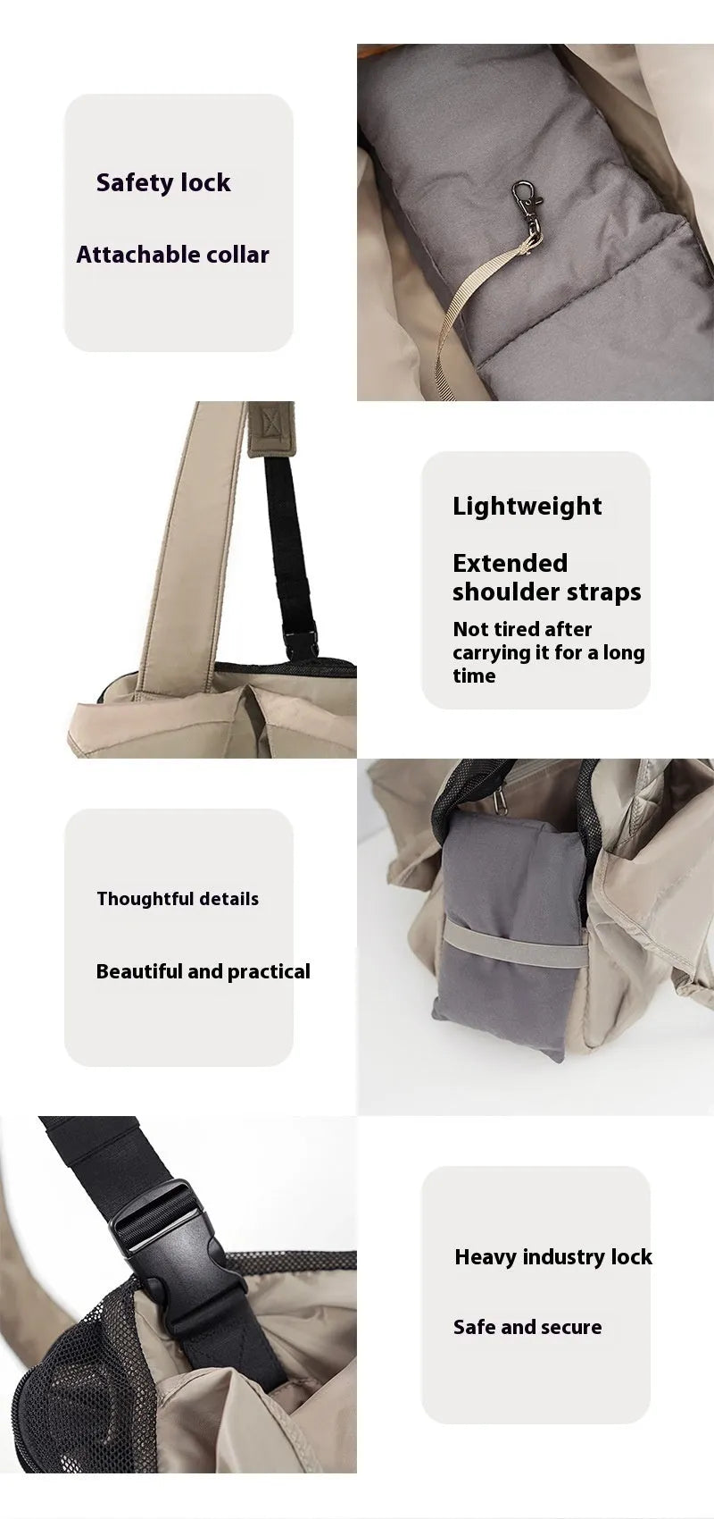 Apricot-coloured cloth pet handbag for small dogs and cats showing dimensions of 41cm by 16cm by 28cm