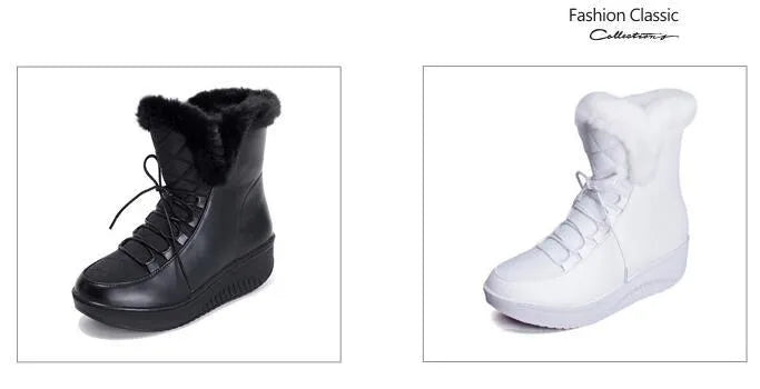 Women's black platform winter boots with lace-up closure and water-resistant PU leather