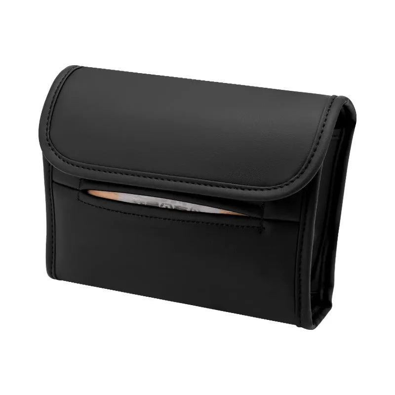 Leather car tissue box holder with elastic strap mounted on vehicle sun visor